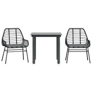 vidaXL Ensemble à manger de jardin et coussins 3 Pièces noir rotin verre
