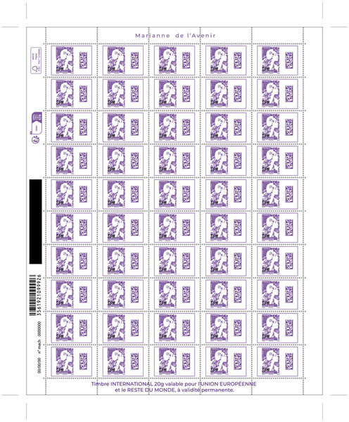 Feuille de 100 timbres Saint Pierre et Miquelon - Marianne de l'avenir surchargée - International - 2025