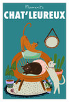 Carte CHATS avec Enveloppe - Affichette Mini Poster Format 17x11 5cm Style Rétro Vintage Illustration Graphique - Moments Chaleureux Esprit Cocooning Décoration d'intérieure Plantes