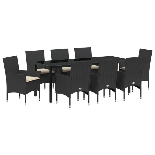 Ensemble de salle à manger de jardin 9 pièces avec coussins en rotin poly noir