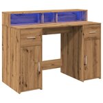 Bureau table poste de travail meuble d'ordinateur informatique étude avec lumières LED chêne artisanal bois d'ingénierie brun 02_0023413
