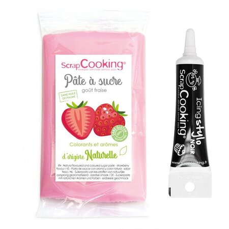 Pâte à sucre rose 250 g sans gluten arôme fraise + Stylo de glaçage noir