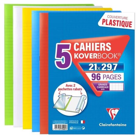CLAIREFONTAINE Lot de 5 Koverbook Cahier piqure avec rabats - 210 x 297 mm - 96 pages - Seyes papier PEFC 90 g