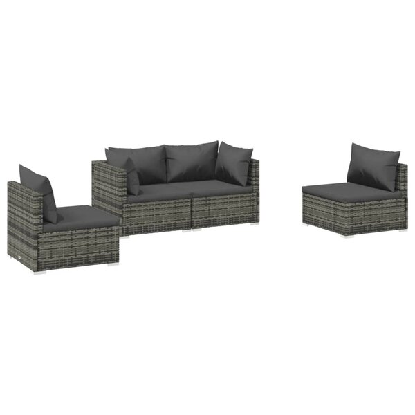 vidaXL Salon de jardin 4 Pièces avec coussins Résine tressée Gris