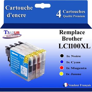 T3AZUR- Lot de 4 Cartouches compatibles avec Brother LC1100 XL pour Brother MFC670CDW MFC675CD MFC675CDW MFC6890CN MFC6890CW