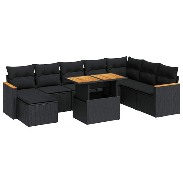 vidaXL Salon de jardin avec coussins 9 Pièces noir résine tressée acacia