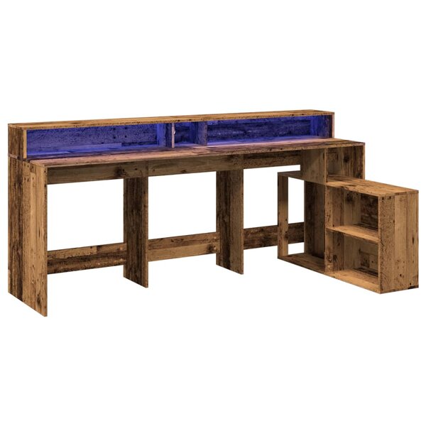 Bureau table poste de travail meuble d'ordinateur informatique étude avec lumières LED vieux bois bois d'ingénierie brun 02_0023438