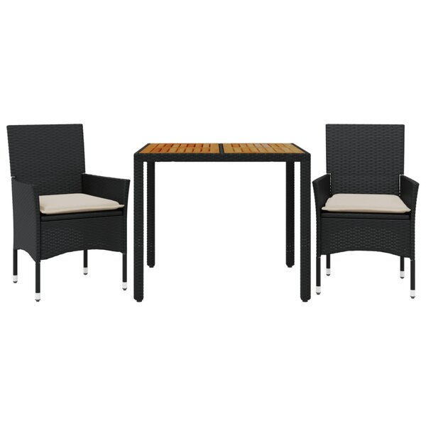 vidaXL Ensemble à manger de jardin et coussins 3 Pièces noir rotin acacia