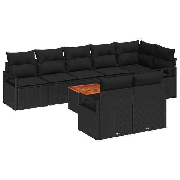 Ensemble de Canapé de Jardin 9 Pièces avec Coussins en Rotin Noir Poly Acacia