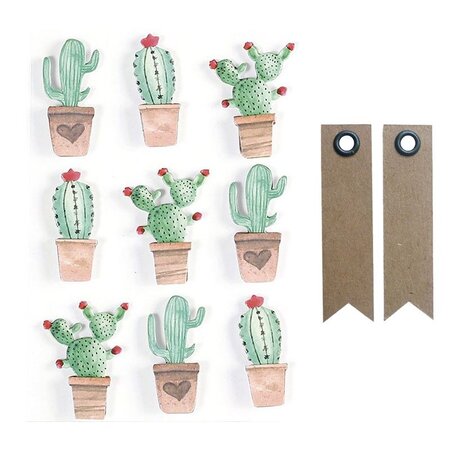 9 stickers 3D Cactus mexicains 4 5 cm + 20 étiquettes kraft Fanion