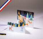 Carte tri-volet fin d'année théâtre d'hiver créée et imprimée en france- paysage enneigé et poétique pour souhaiter un joyeux noël ou les vœux de bonne année