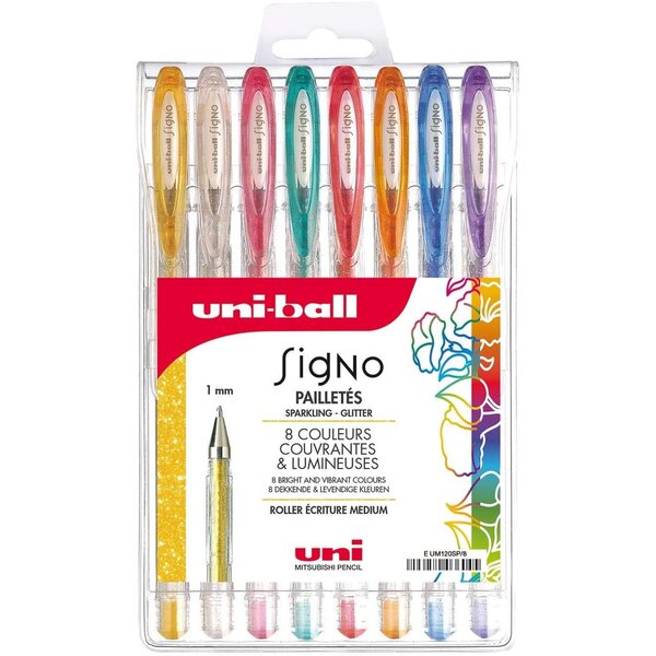 Pochette de 8 rollers écriture moyenne 8 coloris UNI-BALL