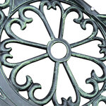 Banc de jardin 2 places style néo-rétro motif rose lignes fuselées 100l x 54l x 78h cm fonte d'aluminium vert vieilli