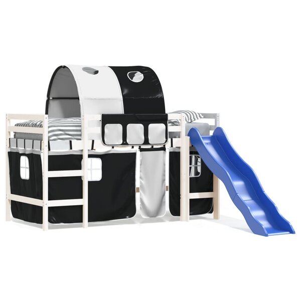 vidaXL Lit mezzanine enfants et tunnel blanc/noir 90x200 cm pin massif