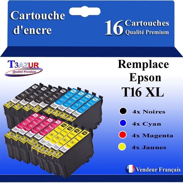 T3AZUR- 16x Cartouches Compatibles avec Epson 16XL 16 XL remplace Epson Workforce WF-2010W WF-2510WF WF-2520NF WF-2530WF WF-2540WF