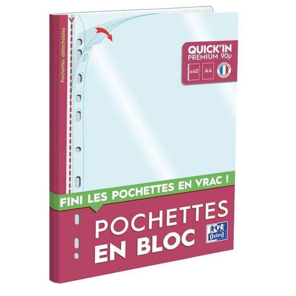 Quick'In bloc de 40 pochettes perforées A4, en polypropylène lisse 9/100°, transparentes (bloc 40 feuilles)