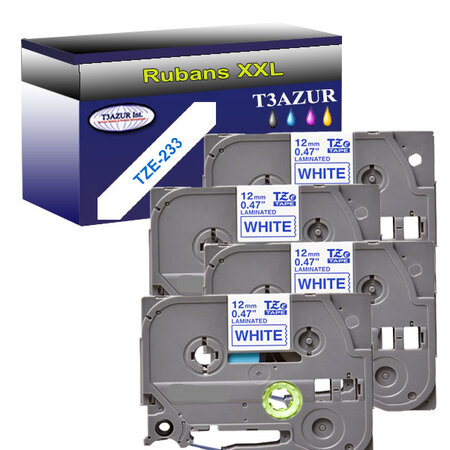 4 x Rubans d'étiquettes laminées générique Brother Tze-233 pour étiqueteuses P-touch - Texte bleu sur fond blanc - T3AZUR