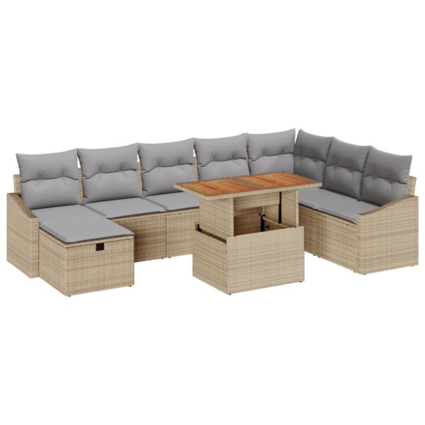 vidaXL Set de Canapé de Jardin 9 pièces avec Coussins en Rattan Poly Beige