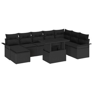 vidaXL Ensemble de canapé de jardin avec coussin 9 Pièces Noir Poly rotin