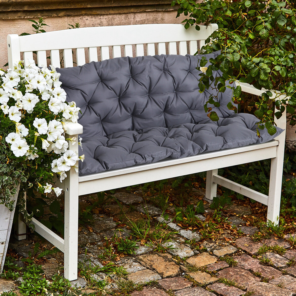 Lot de 2 coussins matelas assise pour banc de jardin balancelle canapé 2  places - cordons d'attache - dim. 120L x 50l x 5H cm - polyester gris bleu  rayé
