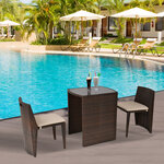 Ensemble salon de jardin encastrable 3 pièces plateau table verre trempé + lot de 2 chaises coussins résine tressée chocolat