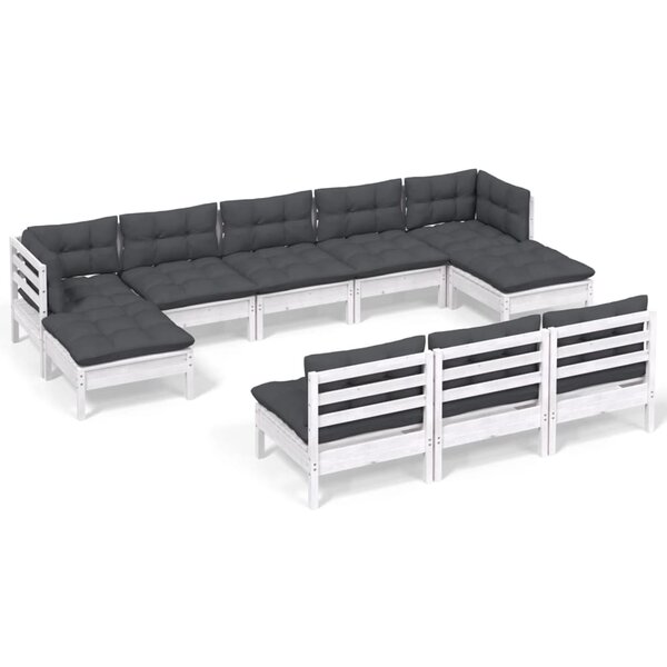 vidaXL Salon de jardin 10 Pièces avec coussins blanc bois de pin