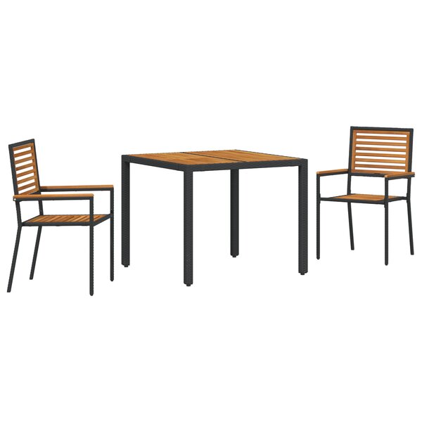 Ensemble repas jardin vidaXL 3 pièces poly rotin noir et acacia