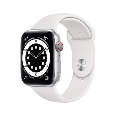 Apple Watch Series 6 GPS + Cellular, 44mm Boîtier en Aluminium Argent avec Bracelet Sport Blanc