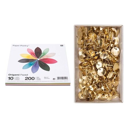 200 feuilles origami pastel 15 x 15 cm + 150 punaises dorées