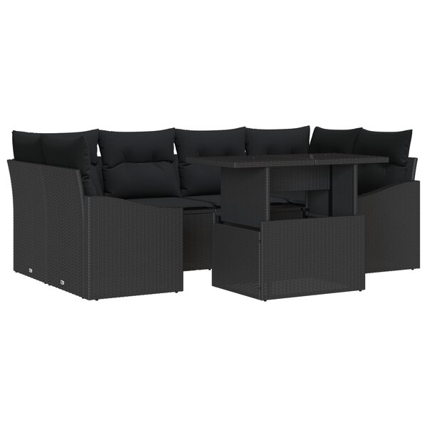 vidaXL Canapé de jardin 7 pièces avec coussins en poly rotin noir
