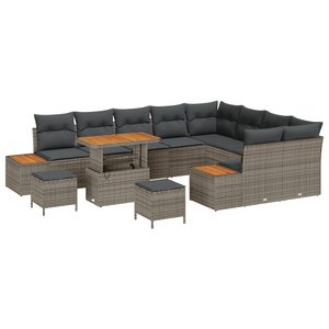 Ensemble de Canapés de Jardin de 12 Pièces avec Coussins Gris en Poly Rotin et Acacia