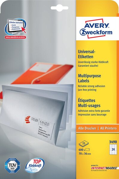 Etui de 600 étiquettes multi-usages 70 x 36 mm sur 25 feuilles blanc avery zweckform