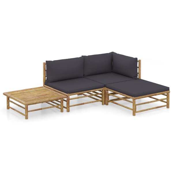 vidaXL Salon de jardin 4 Pièces avec coussins gris foncé bambou