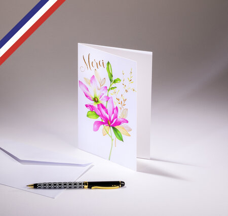Carte double carnet de couleurs créée et imprimée en france sur papier certifié pefc - merci - fleurs