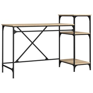 Bureau table poste de travail meuble d'ordinateur informatique étude et étagères chêne sonoma 135 x 50 x 90cm bois ingénierie/fer brun 02_0023818