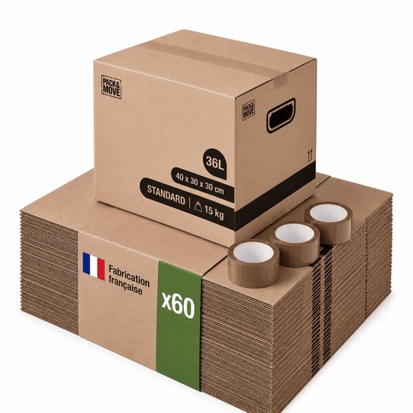 Pack and Move - Lot 60 cartons déménagement stockage livres - 40 x 30 x 30 cm - Poignées renforcées - 3 adhésifs offerts