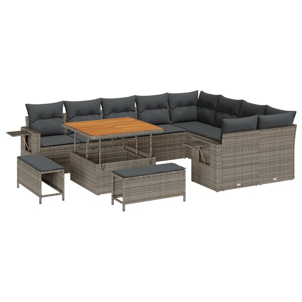 vidaXL Canapé de jardin 12 pièces avec coussins gris en poly rotin et acacia