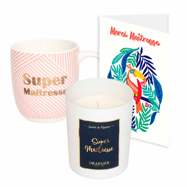Lot cadeau Bougie  Mug Super maîtresse & carte Merci Maîtresse