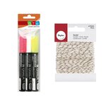 3 marqueurs-craie Blanc-jaune-rose + Ficelle dorée & blanche 15 m