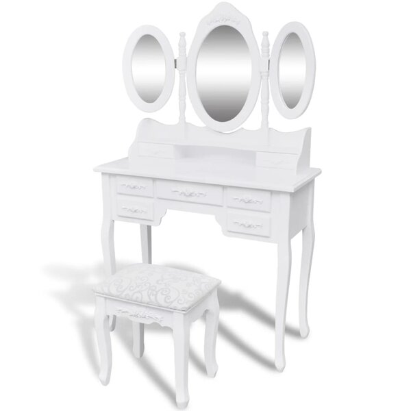 vidaXL Coiffeuse avec tabouret et 3 miroirs Blanc
