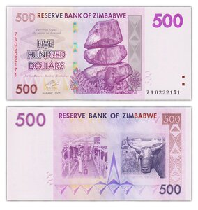 Billet de collection 500 dollars 2007 (2008) zimbabwe - neuf - p70
