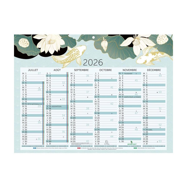 Calendrier Mural 2026 - 22 x 29.5 cm - Japon Carpes Koï