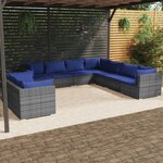 vidaXL Salon de jardin 9 Pièces avec coussins Gris Résine tressée