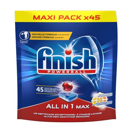 Pastilles Lave-Vaisselle Powerball All in One Max Taches Tenaces au Bicarbonate - 45 T... FINISH