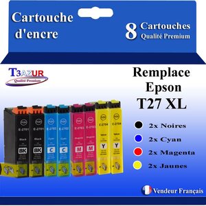 T3AZUR - 8x Cartouches Compatibles avec Epson WorkForce WF-7610DWF WF-7620DTWF remplace Epson T27XL
