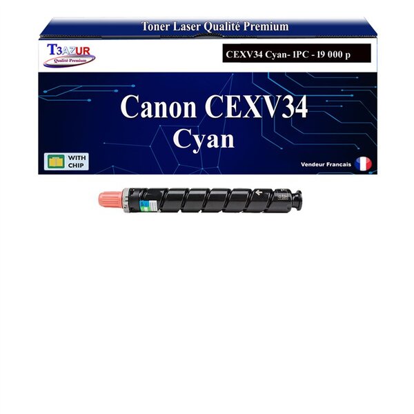 T3AZUR - Toner compatible avec Canon IR-C2020 IR-C2025i IR-C2030 IR-C2050 IR-C2058 IR-C2100 IR-C2105 IR-C2220i IR-C2225 IR-C2230 remplace Canon CEXV34 (3783B002) Cyan - 19 000 pages