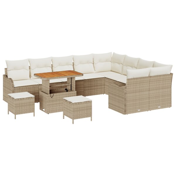 vidaXL Ensemble de 12 pièces de sofa de jardin avec coussins en rotin poly beige et acacia.