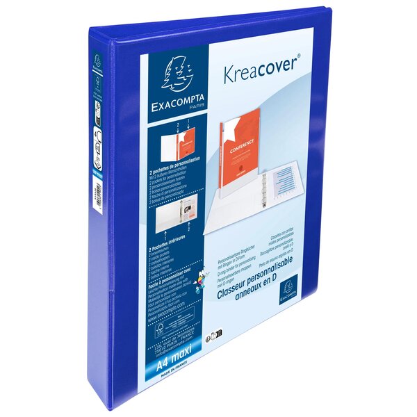 Classeur Personnalisable Rigide 2 Poches Kreacover - 4 Anneaux En D 30mm - A4 Maxi - Bleu - X 10 - Exacompta