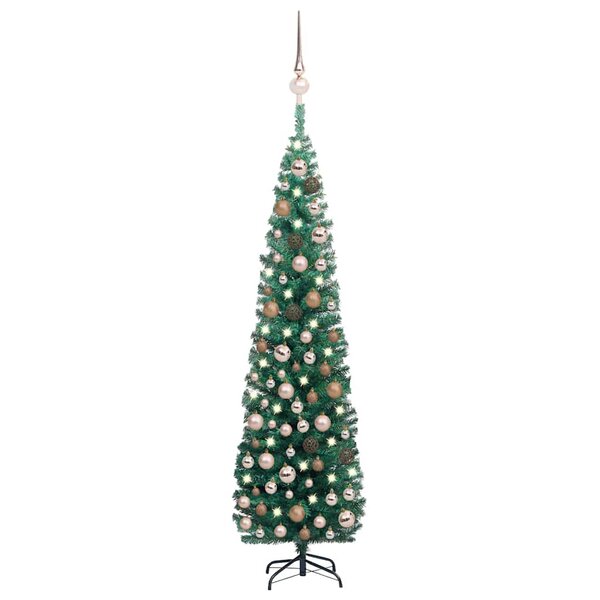 vidaXL Sapin de Noël artificiel mince pré-éclairé et boules vert 210cm