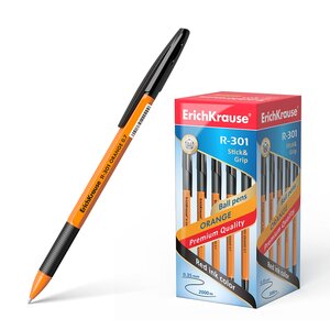LOT de 50 Stylo Bille Erichkrause R-301 Stick&Grip 0.7 - Corps Orange avec Grip Caoutchouc - Encre à Séchage Rapide - Couleur Noir